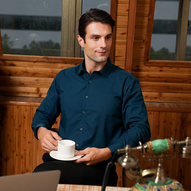 Hommes chemise solide bambou Fiber élastique confortable à manches longues chemise facile d'entretien formel hommes robe chemises de grande taille 5xl hommes hauts
