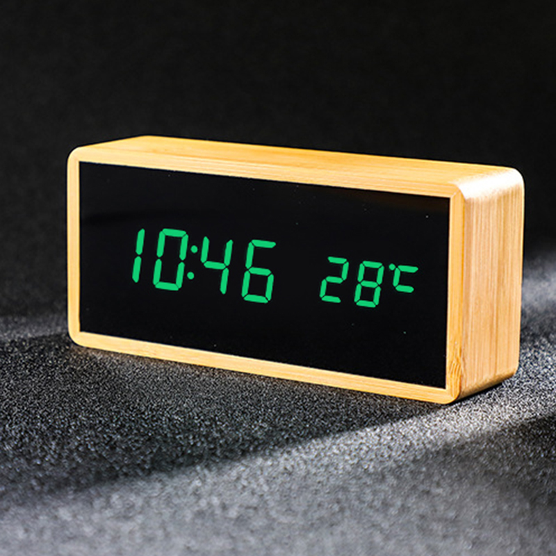 100% Bamboo Digital Alarm Clock Wooden LED Table Clock Electronic Despertador Desk Brightness Voice Snooze Control Temperature: 80-R-Green