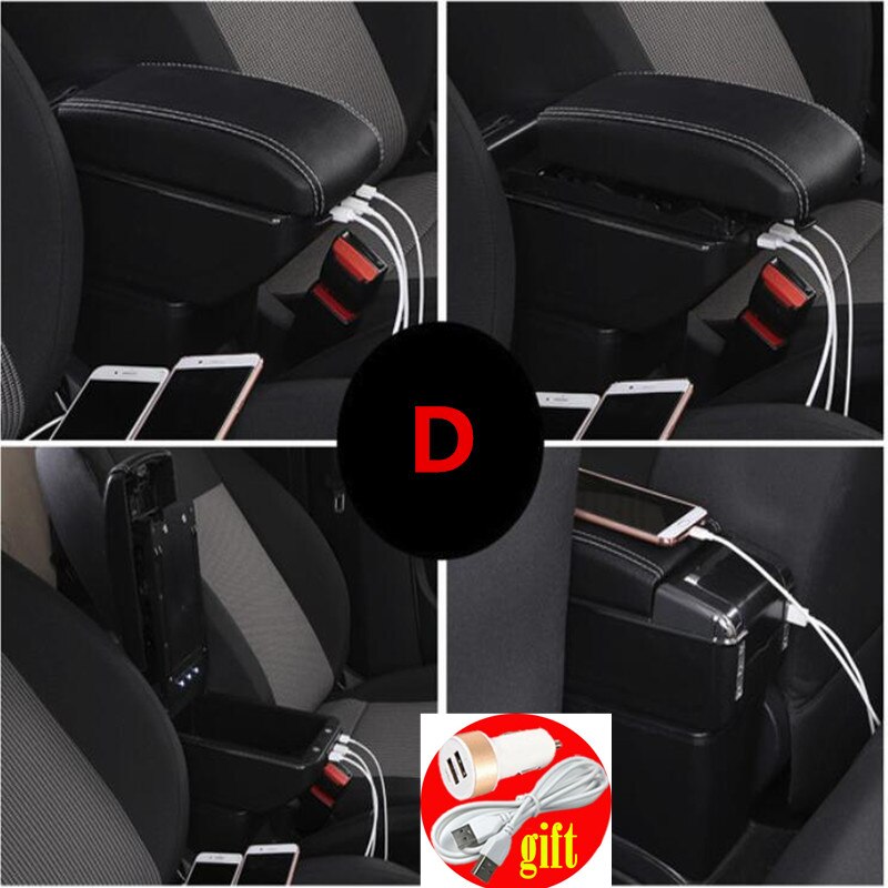 For Fiat 500 armrest box USB Charging heighten Double layer central content holder ashtray accessories: D Black White line