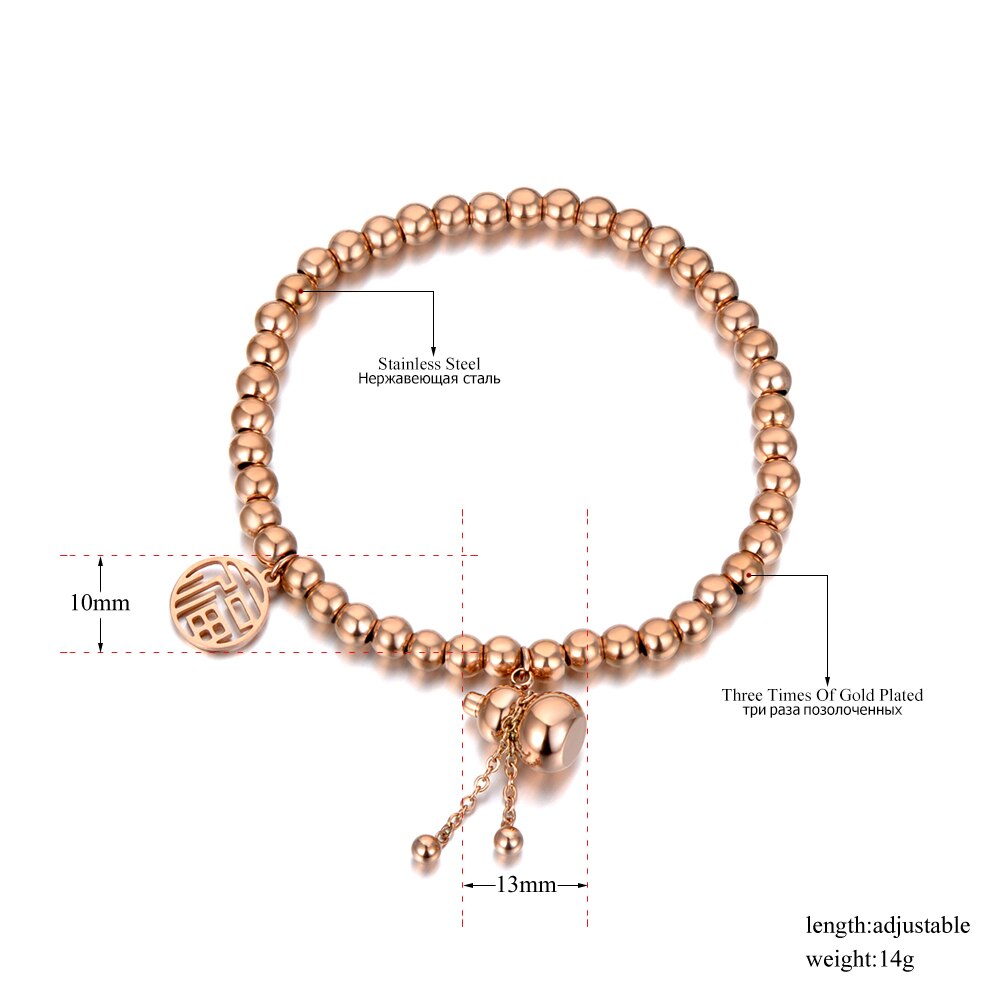 Lokaer Etnische Chinese Stijl Rvs Goede Luck &amp; Kalebas Charme Armbanden Voor Vrouwen Rose Gold Kralen Armband Sieraden B20138