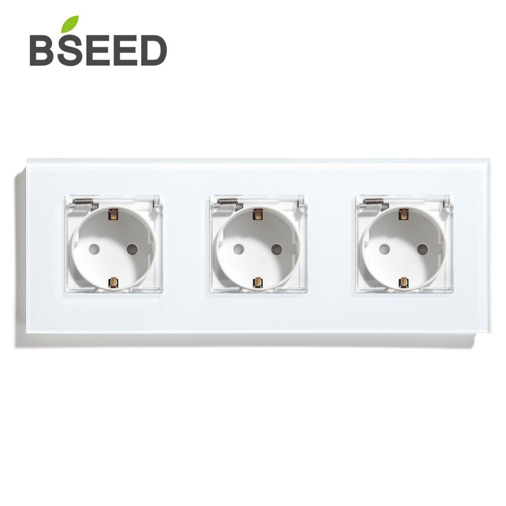 BSEED Waterproof Triple Socket EU Standard Wall Socket 16A 110V-250V White Black Gloden Crystal Glass Panel Wall Socket