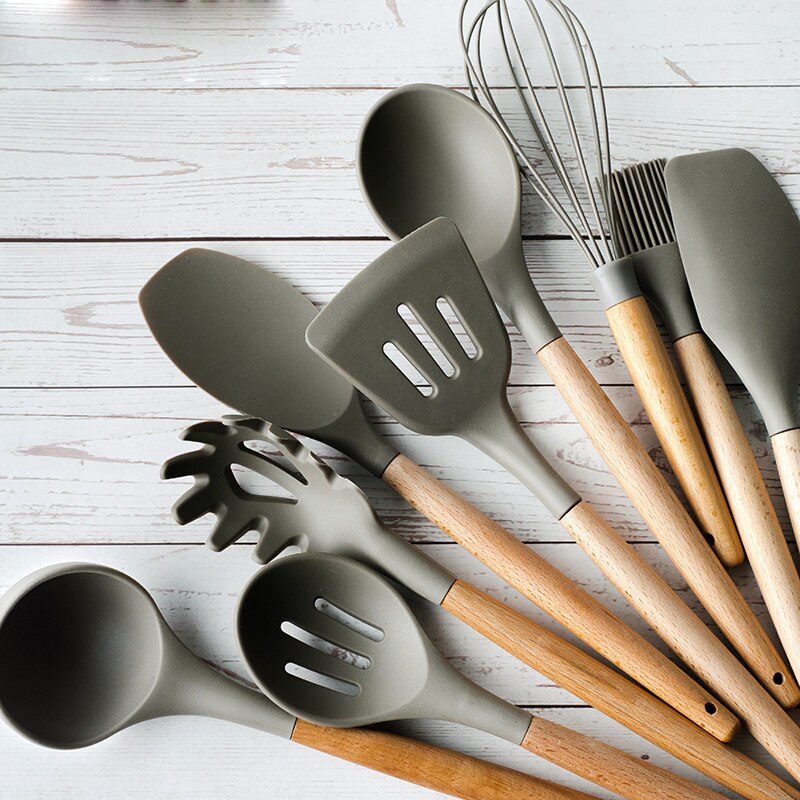 Kjøkkenutstyr av silikon trehåndtak nonstick spatel skje turner suppe øse visp kjøkken matlaging verktøy