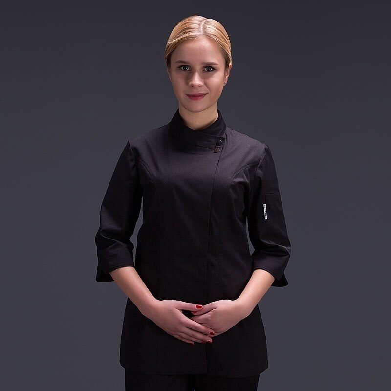 Spring and summer women's kitchen jacket food chef kitchen jacket white Hotel Uniform summer restaurant Waiter Workwear Clothing: Black / XL