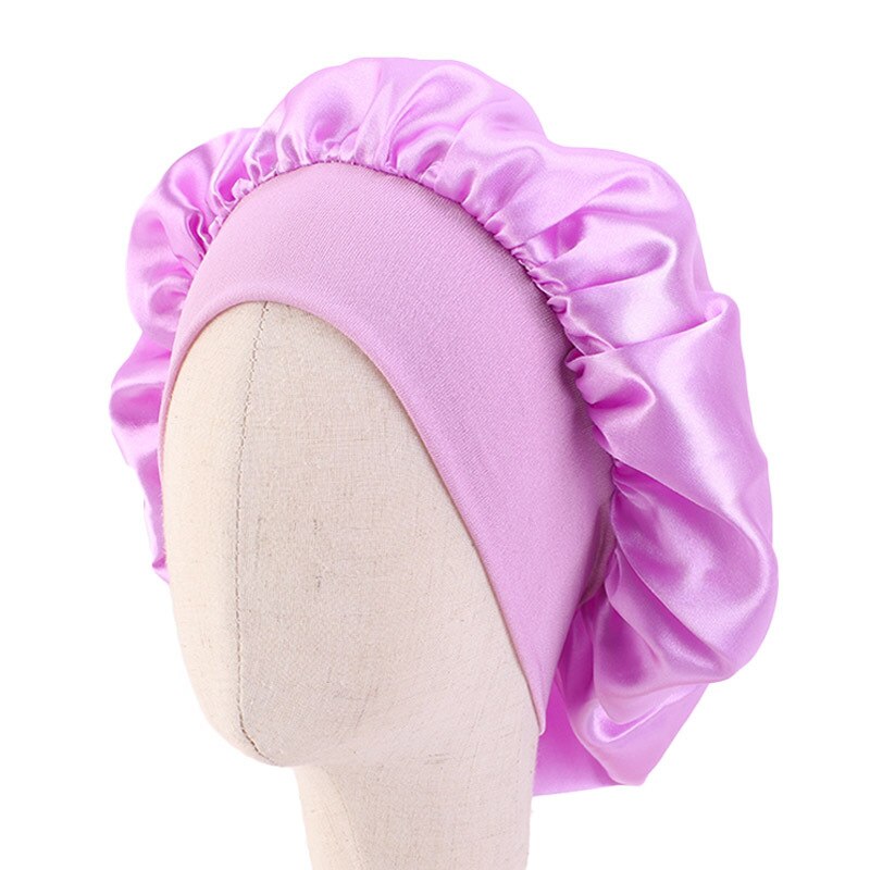 Baby Silky Satin Solid Wide-brimmed Sleeping Hat Girl Night Sleep Hair Cap Bonnet Nightcap For Children Unisex Hair Tool: Purple