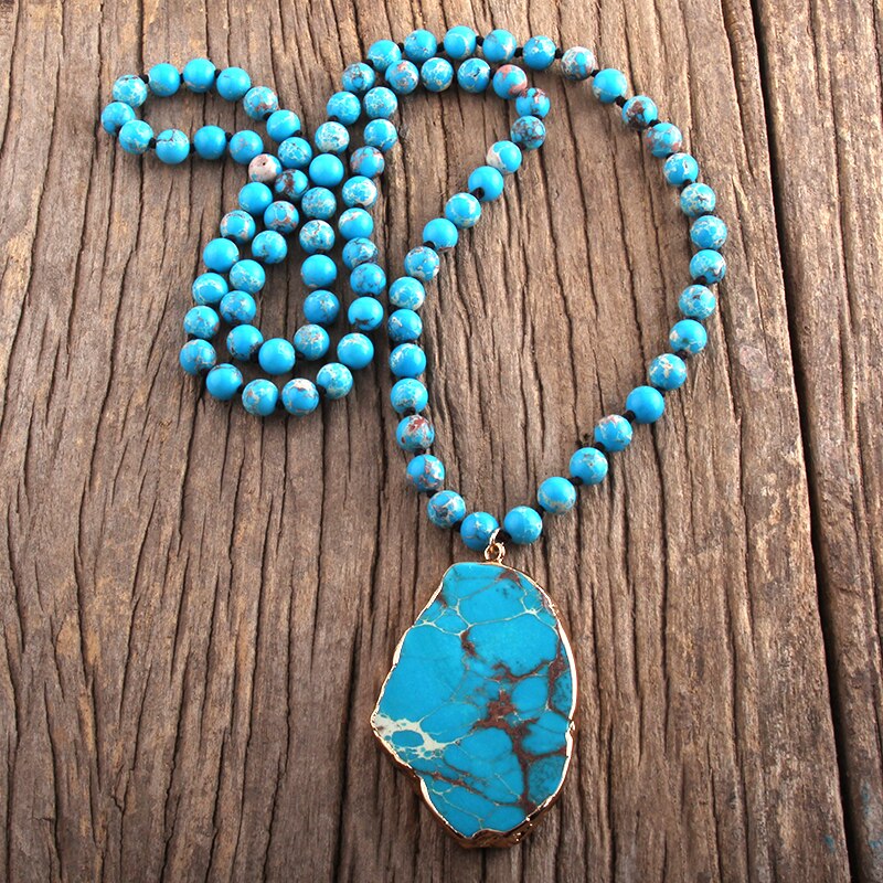 RH Boho Schmuck Blau Grün Stein Lange Verknotet Stein Anhänger Halsketten Frauen Halskette: Blau