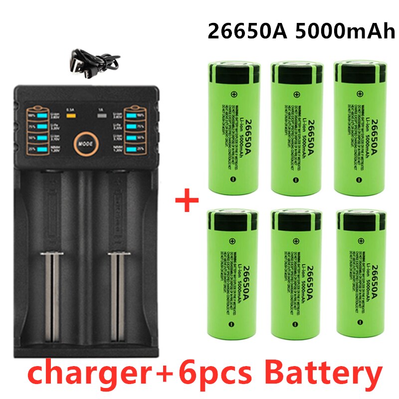 Original 26650 battery 5000mAh 3.7V 50A lithium ion rechargeable battery for 26650A LED flashlight+charger