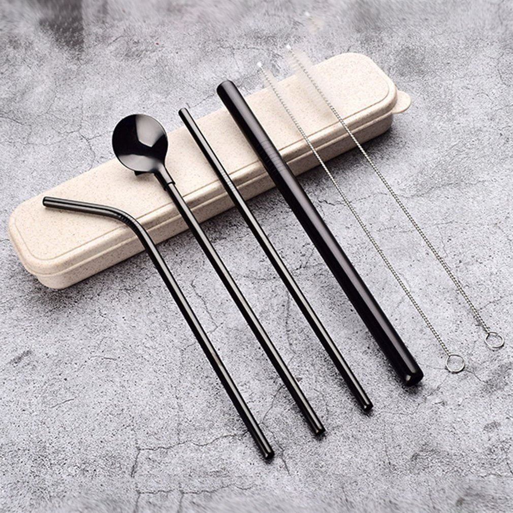 Stainless Steel Dinnerware Set Spoon Fork Chopsticks Straw With Cloth Pack Cutlery For Travel Outdoor Office Picnic BBQ: Silver