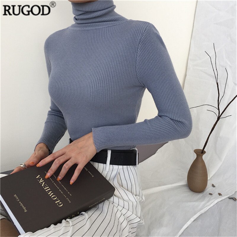 RUGOD Solid Turtleneck Sweater Women Long Sleeve Knitted Slim Pullover Female Autumn Winter Sweater Befree Tops