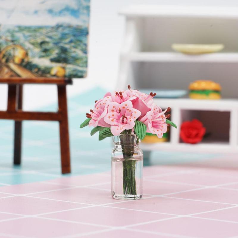 Dongzhur Poppenhuis Speelgoed Mini Bloem Roze Lelie Glazen Fles Bloemstuk Poppenhuis Meubels Miniaturen 1:12 Accessoires