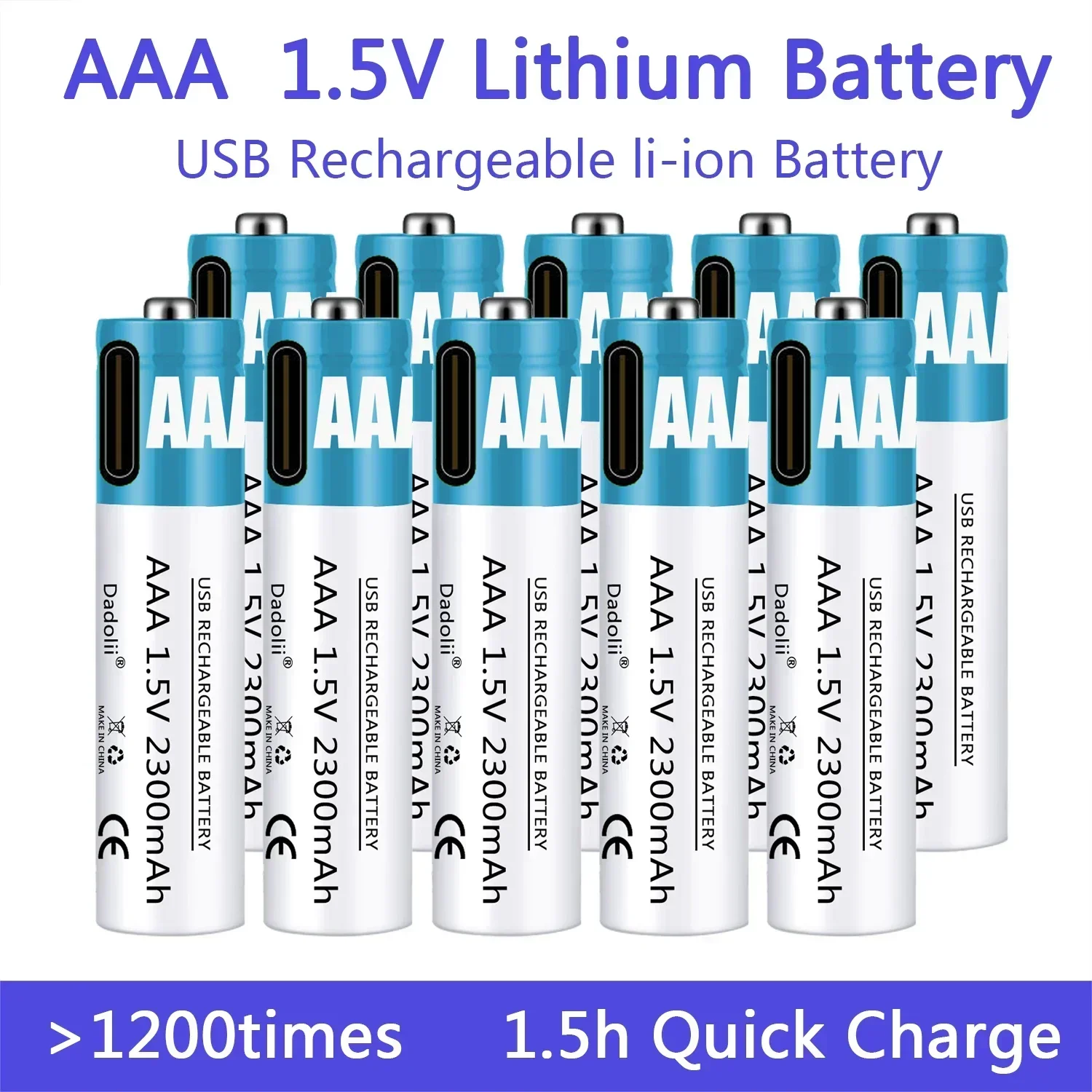 1.5v laddningsbara aaa-batterier, 2300 mah laddningsbart aaa-batteri, litiumpolymerbatteri, snabbladdning med usb-c-kabel
