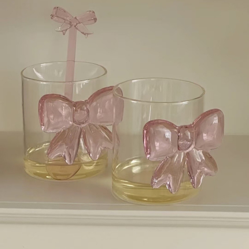 Verre à grand nœud rose, tasse en verre, poignée à nœud, lunettes résistantes à la chaleur, bol de crème glacée à Dessert à haute teneur en Borosilicate, de fête