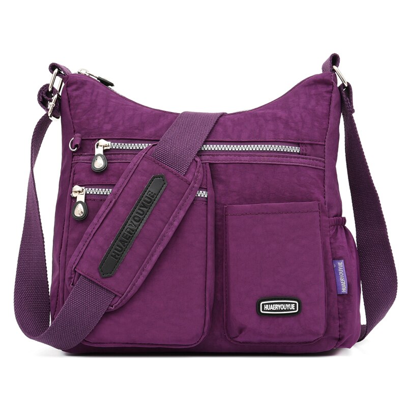 Kvinner nylon skuldervesker multi glidelås lomme budvesker vanntett crossbody bag topphåndtak ryggsekk veske tote: Lilla