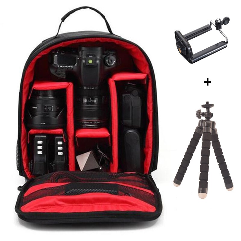 Mochila para cámara Digital, bolsa impermeable para cámara de fotos DSLR, funda para cámara Nikon/Canon/DSLR: Red with Tripod
