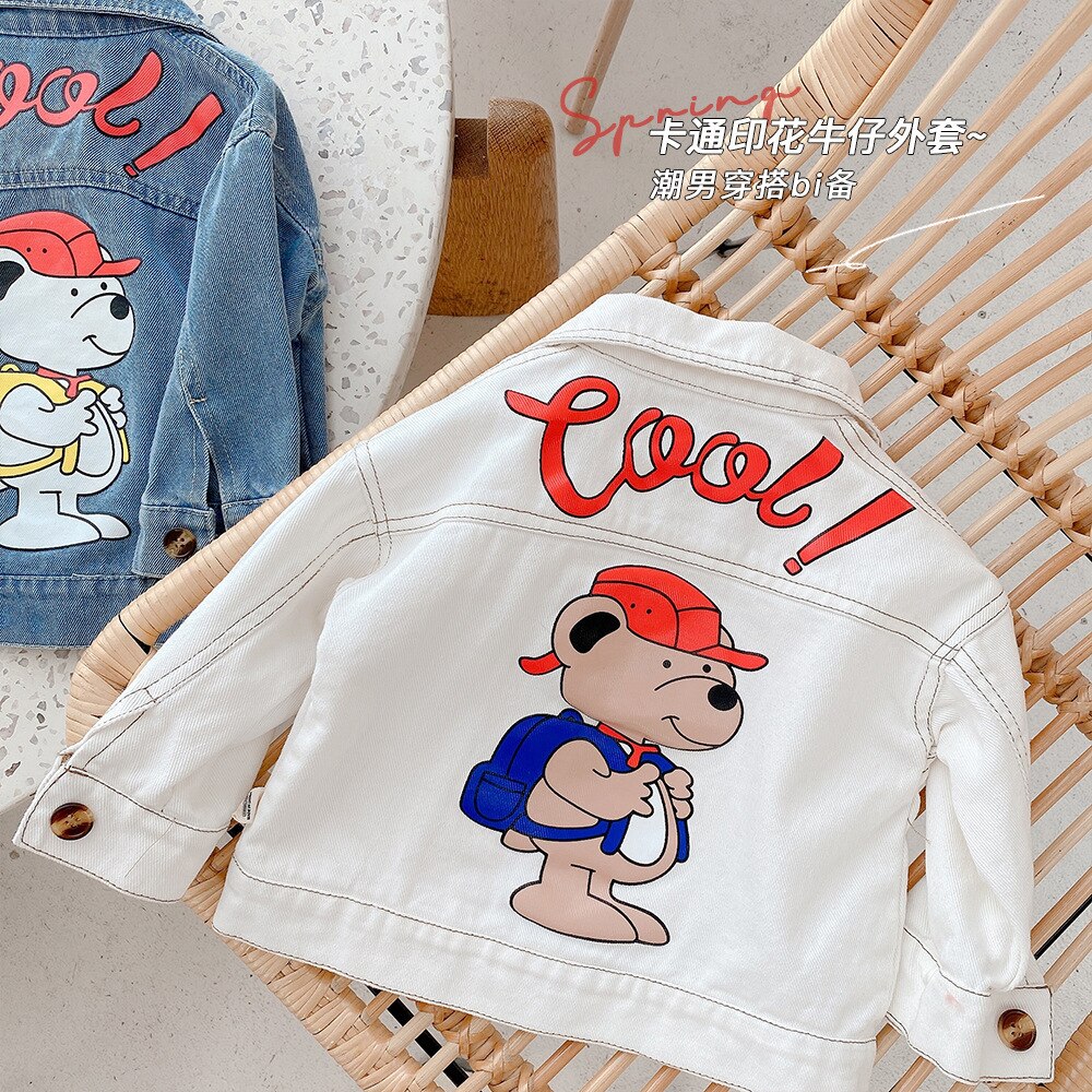 Lente Boy Kleding Cartoon Beer Denim Jas Kinderkleding Meisjes Jas Herfst Unisex Cool White Jean Jas 2-7 jaar Oude Mode