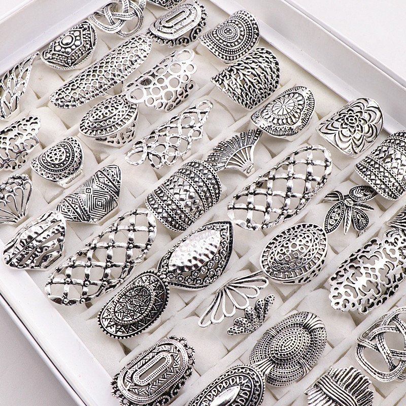 20 pcs/Lots mélange Style Vintage sculpté fleur argent plaqué bijoux anneaux pour les femmes taille 17mm à 21mm