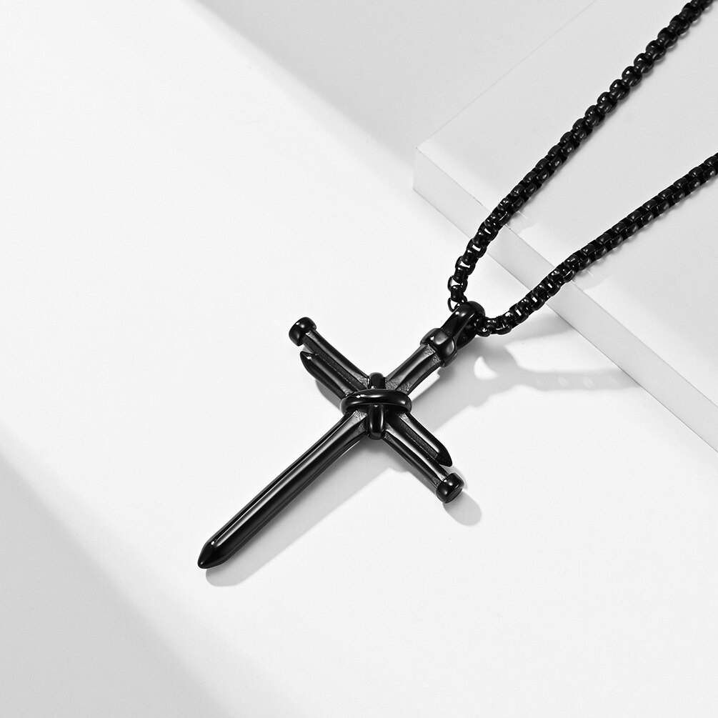 Collier pendentif croix à ongles pour hommes, boîte à bijoux chrétien à la , chaîne en acier inoxydable, couleur or noir