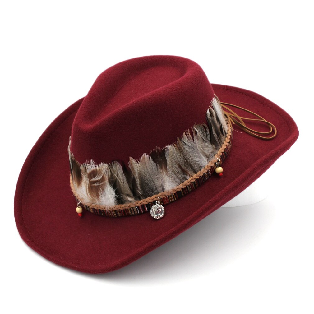 Miatdawn Unisex Wol Blend Western Cowboy Jazz Hoed Brede Rand Sombrero Godfather Cap Kerk Caps Cowgirl Veer Riem Verkocht: wine red