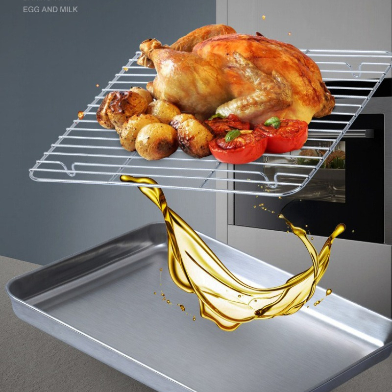 Roestvrijstalen bakplaat Lade met olieafvoer Mesh Grill Afvoer Taart Bakken Vierhoek Mesh Tray Koken Bakken Barbecue Gereedschap