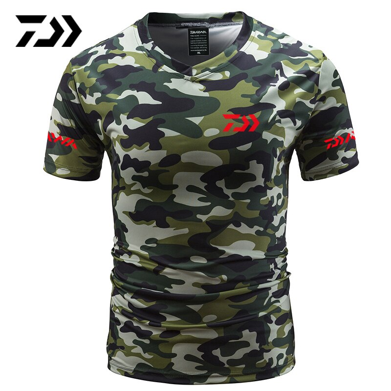 Vissers-t-shirt zomer anti-zweet v-hals camouflage groen vissers-t-shirt sportkleding ademend snel drogende visserskleding: Ik / 1