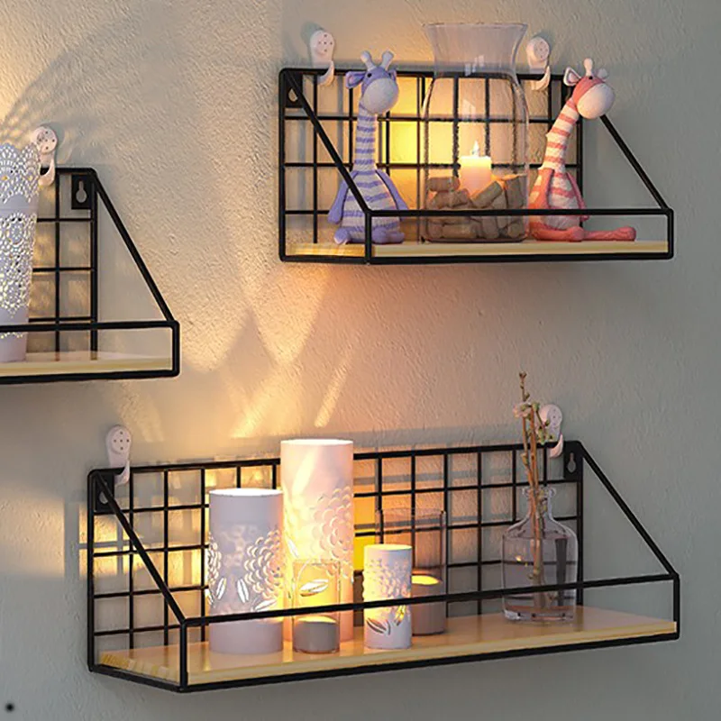 Floating Shelves Wall Mounted Rustic Wood Storage Display Shelf with Metal Wire Basket Hanging Shelf for Kitchen Office Bedroom