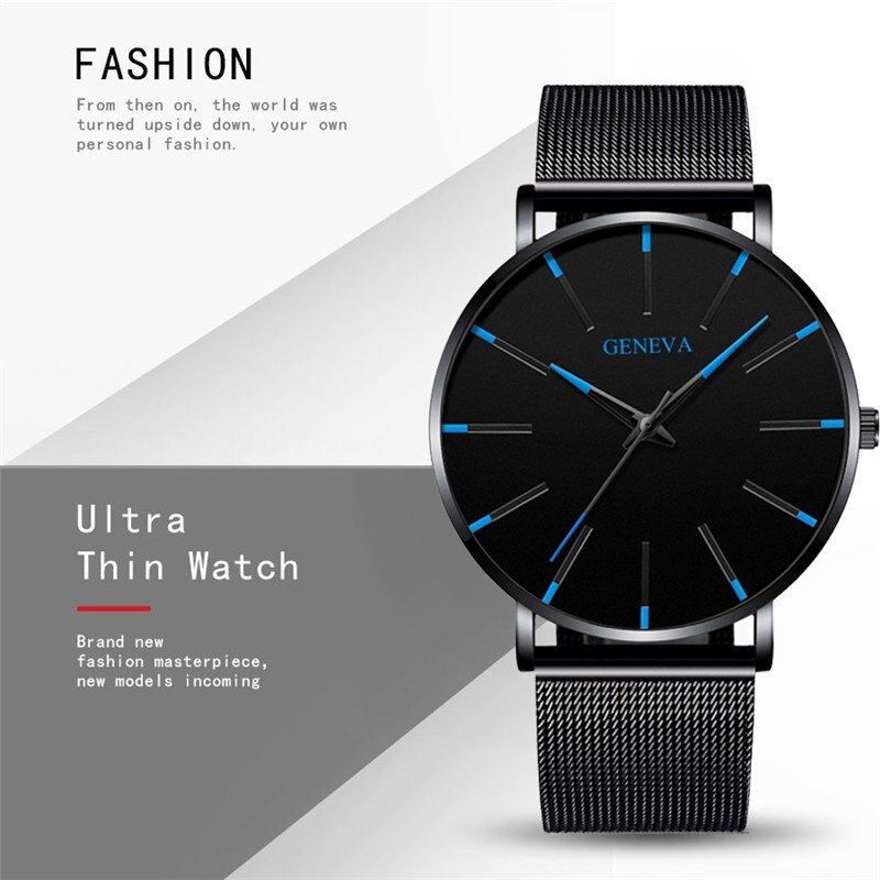 Ultra Thin Watch Men Business Blue Dial Watch Quartz Stainless Steel Strap Band Simple WristWatch Male Clock: BlackBlue