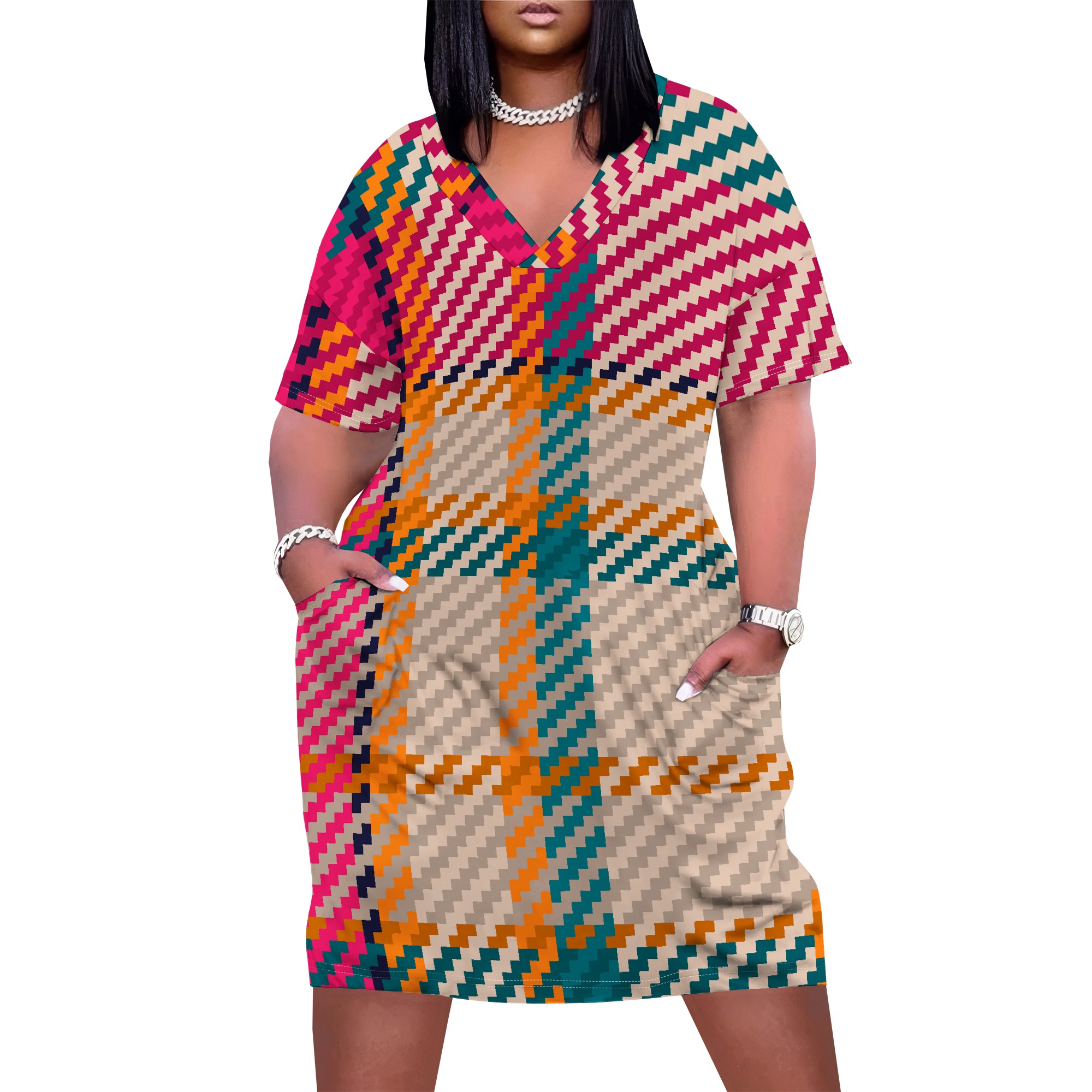 Plus size kvinder afslappet t-shirt kjole med v-hals og korte ærmer, to lommer foran, ensfarvede oversize kjoler: 4xl / Marine blå