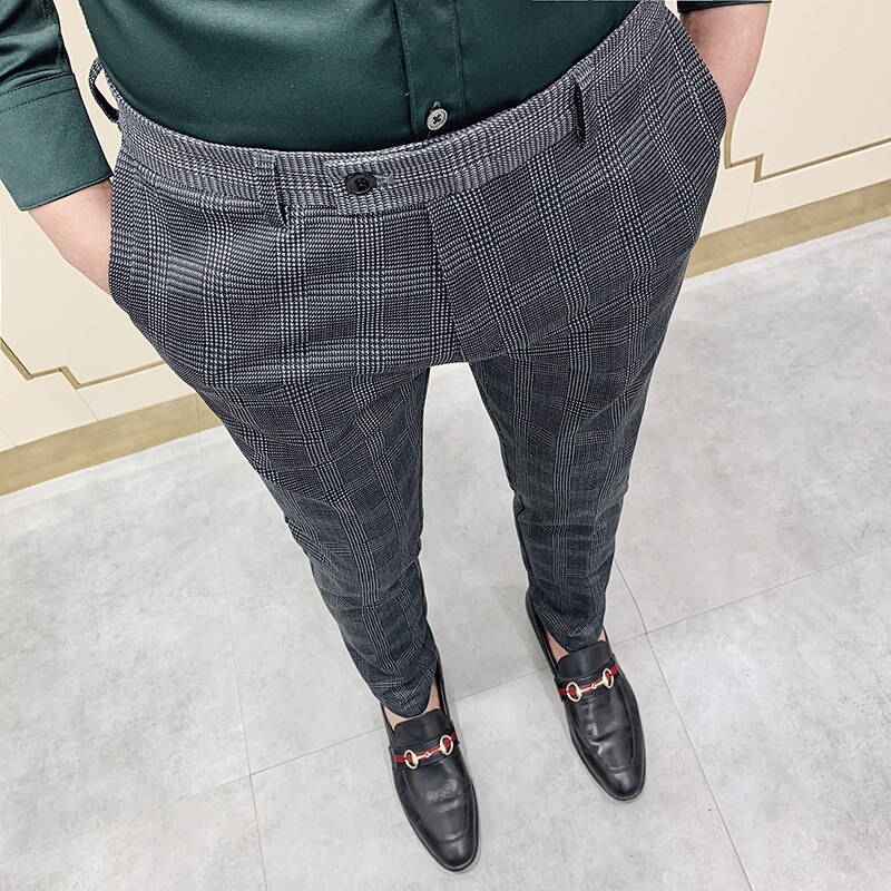 Pantalones clásicos de tela escocesa para hombre primavera , pantalones formales de negocios, pantalones informales formales de , pantalones de hombre, ropa Social delgada