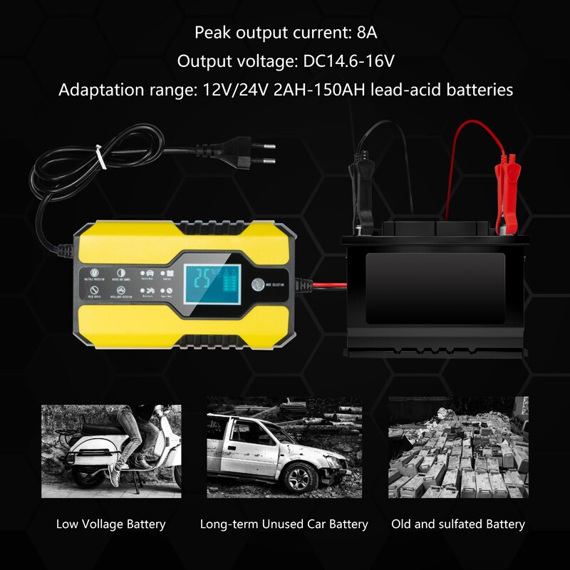 Car Battery Charger/Maintainer 12/24V Touch Screen Pulse Repair LCD Battery Charger for Car Motorcycle Lead Acid Battery AGM GEL