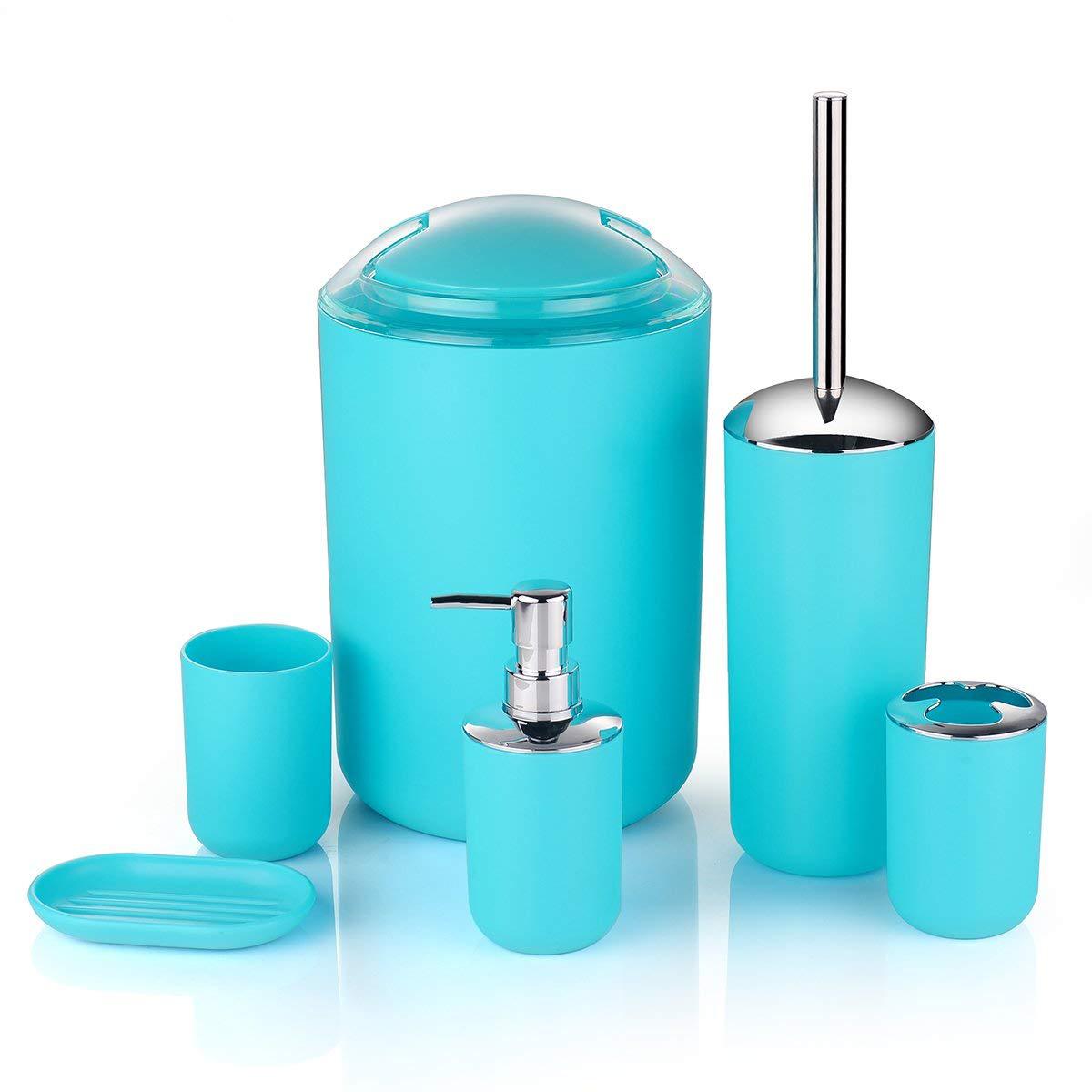 Ensemble d&#39;accessoires de salle de bain en plastique, brosse de toilette, porte-savon, distributeur de dentifrice, couvercle pivotant, poubelle lavable, 6 pièces: blue