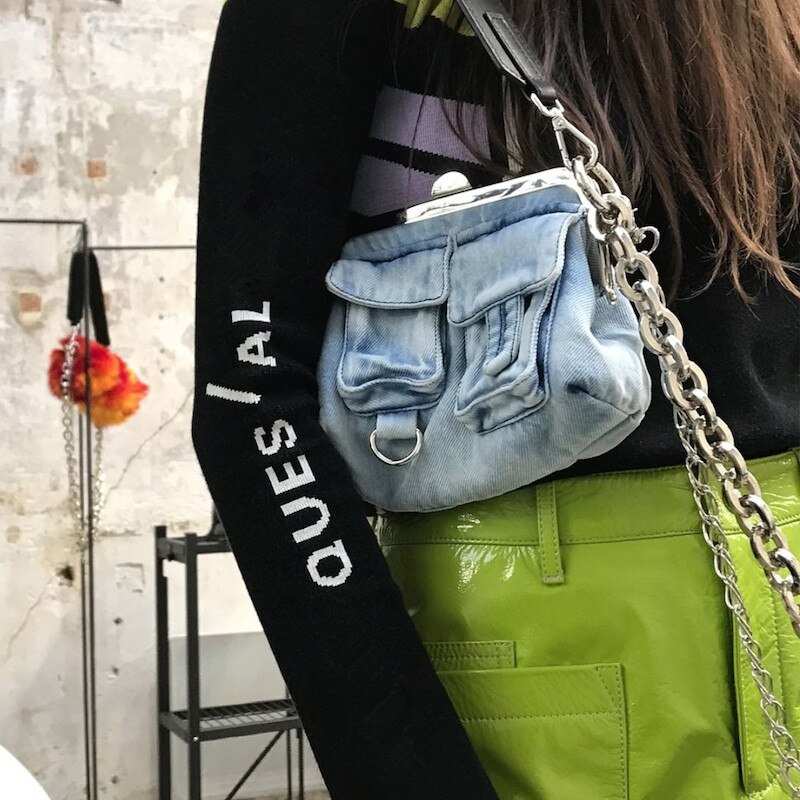 European and American Washed Denim Blue Underarm Bag Female Summer Denim Cool Retro Chain Shoulder Bag: blue