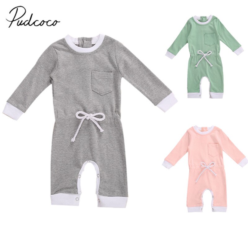Baby Baby Meisjes Jongens Solid Romper Lange Mouwen Elastische Taille Een Stuk Jumpsuit Met Front Pocket Lente Herfst Kleding