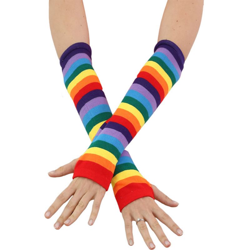 Mujer niña codo de punto, calentador de manga de brazo para protección solar Rayas Patchwork guantes sin dedos con agujero de pulgar disfraz: 1