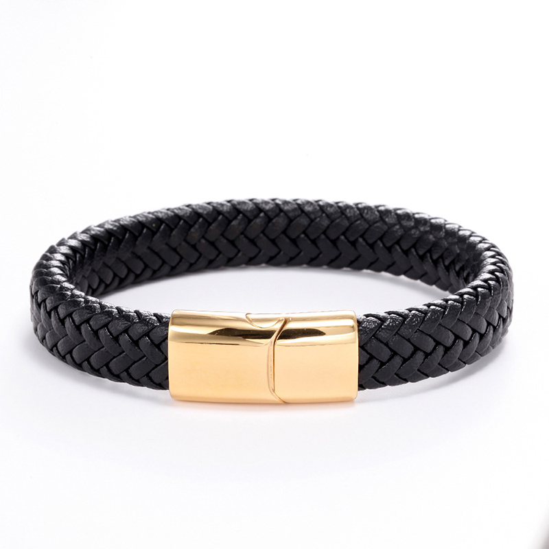 Handgemachte Geflochtene Armreif Männer Biker Manschette Schnalle Leder Magnetische Armband: Black Golden