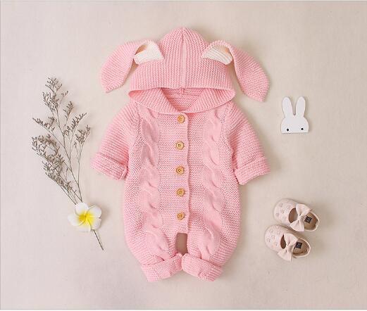 2022 nova menina do bebê macacão de inverno coelho da criança manga longa com orelhas com capuz botão sólido malha meninos macacões bebê ropa outfit: pink / 6 m