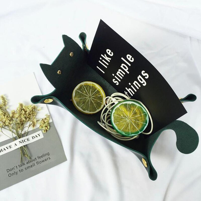 Portable Cat Shape Leather Storage Tray Key Desktop Jewelry Box Coin Makeup Tray Household Folding Tray Storage Box