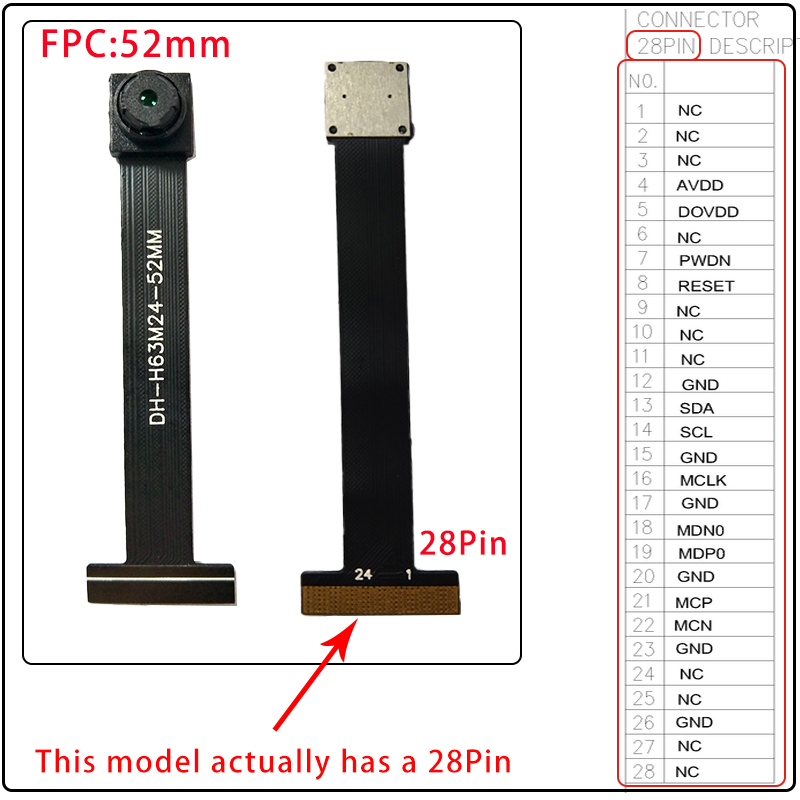 Módulo de câmera H63 80 graus 1MP 1280*720 MIPI SPI DVP 24/28 Pin Interface 1/4 Lente 52MM Comprimento