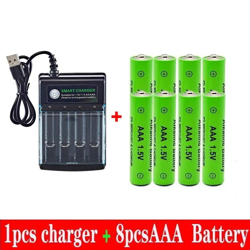 100 % neue AAA-Batterie, 3000 mAh, wiederaufladbarer Akku, AAA 1,5 V, 3000 mAh, wiederaufladbar, neue Alcalinas Drummey + Ladegerät: Black