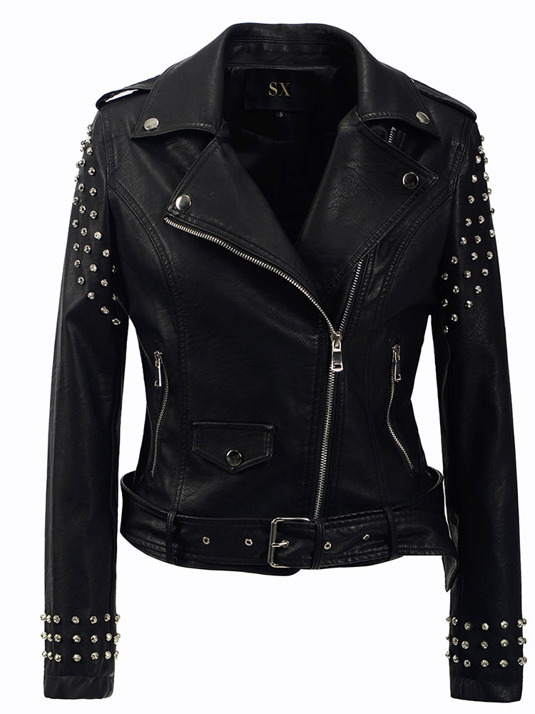 Soft PU Faux Leather rivet Jackets Women slim fit Motorcyle Biker Black Lady coats: XXXL