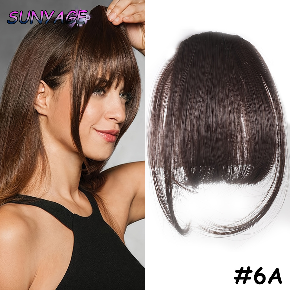 Sunyage natural em linha reta sintética sem corte franja de fibra de alta temperatura marrom feminino clip-in franja completa com franja de cabelo 6 Polegada: T1B/RÁPIDO