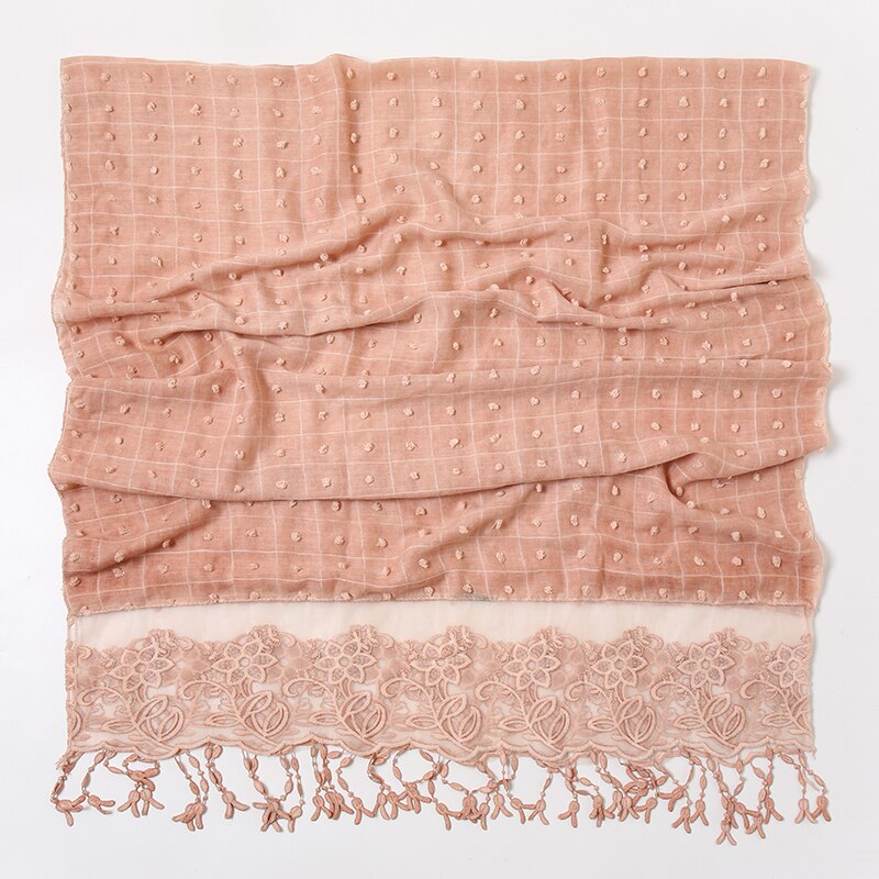 plaine Pom coton écharpe Plaid gland dentelle brodé coton foulards femmes musulman Hijab étoles femme bandeau à fleurs 1PC