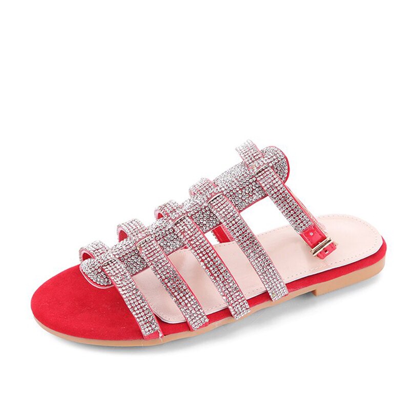 Dames glitter gladiator sandalen dames enkelbandjes dames outdoor rome kristal bling dames strandschoenen dames: Rood / 9.5