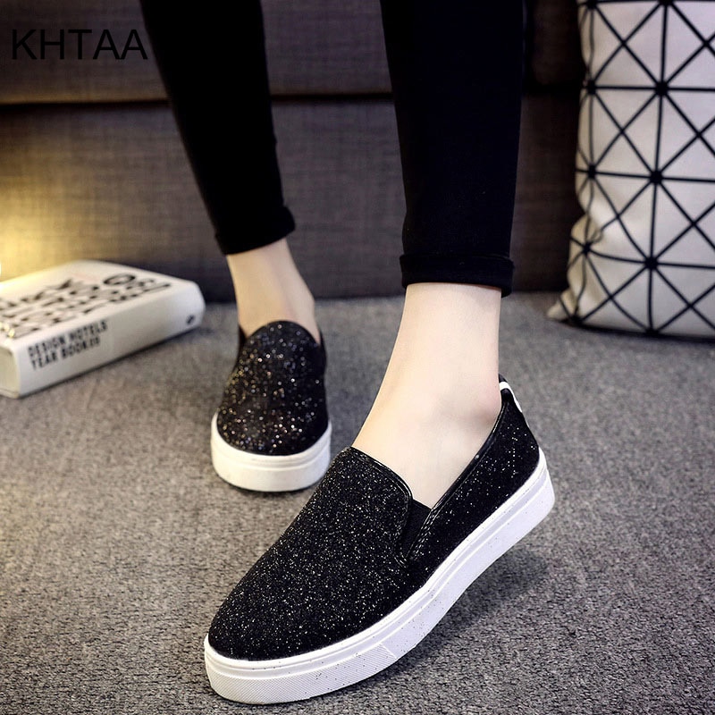 Women Sequined Slip On Loafers Thick Bottom Ladies Flat Shoes Spring Comfortable Platform Flats Casual Footwear