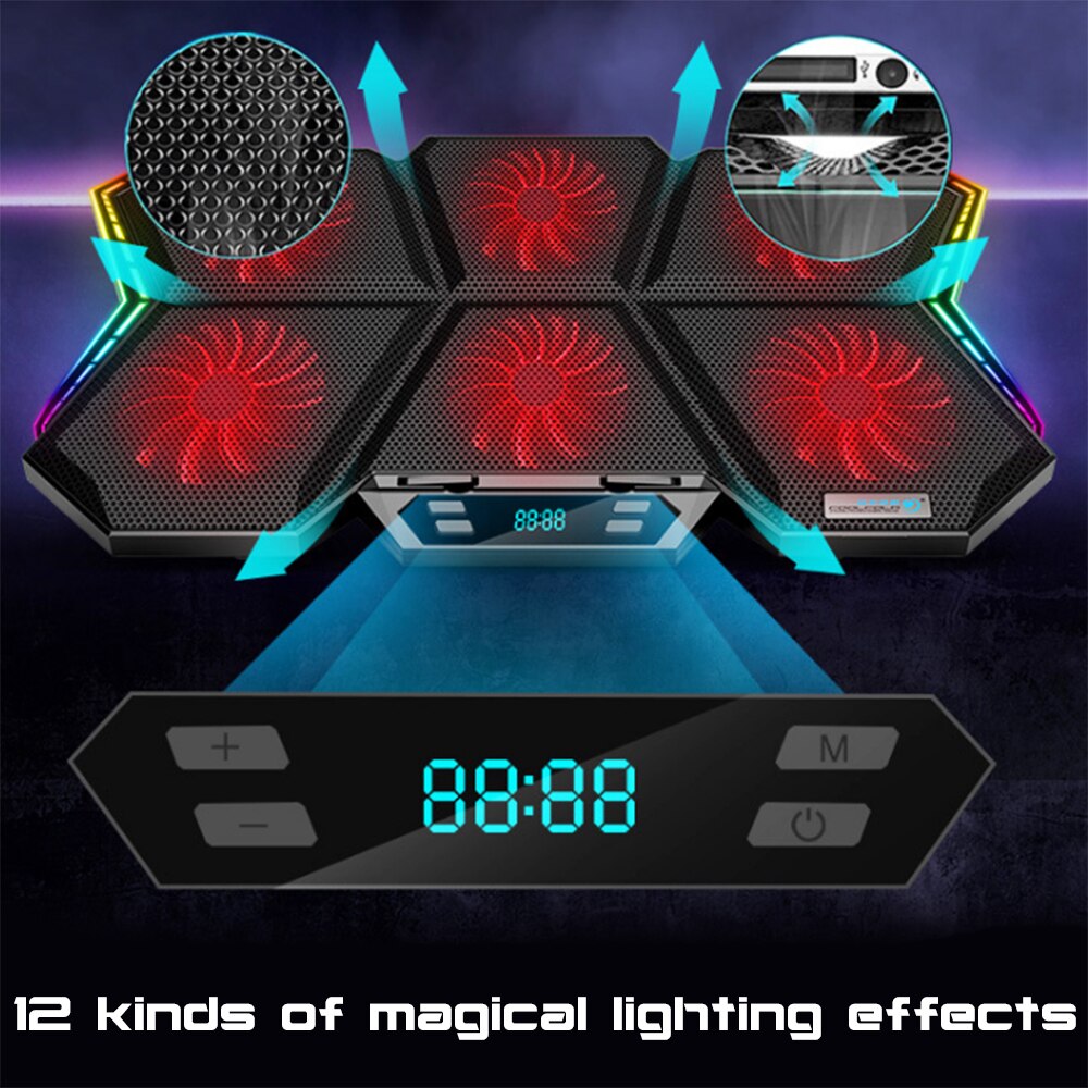 Coolcold 12-17 Inch RGB Gaming Laptop Cooler ,Six Fan Cooling Bracket With Led Screen,Notebook Cool Stand Two USB Ports