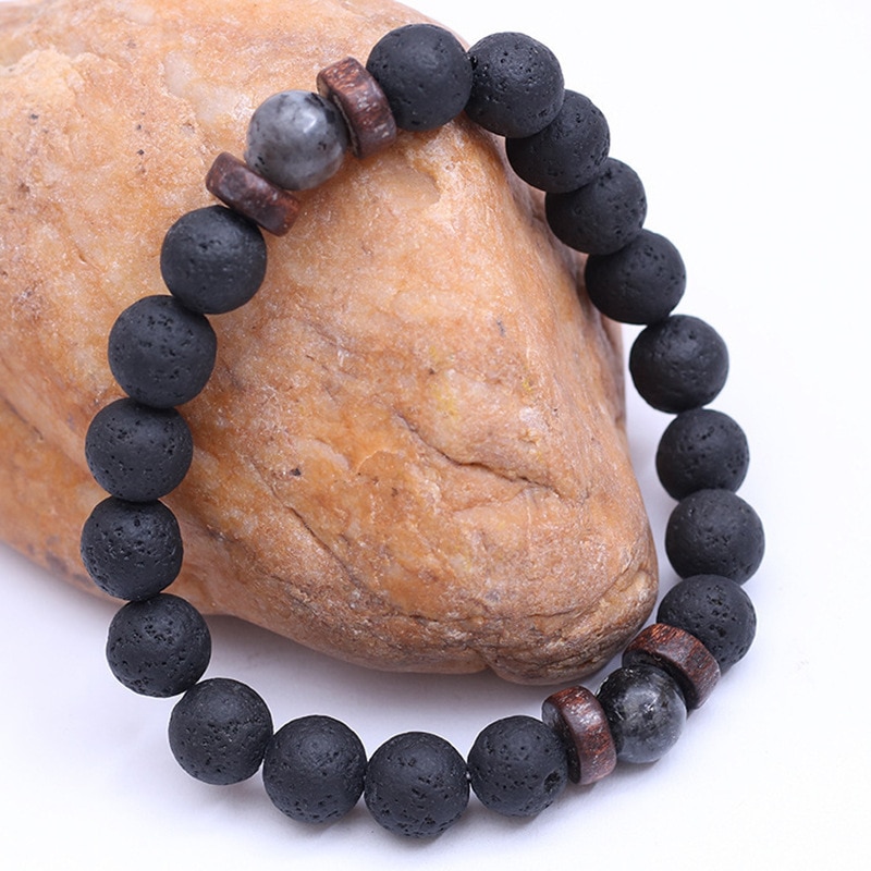 Pulsera de piedra volcánica para hombre, brazalete con cuentas negras, cuerda elástica, , joyería
