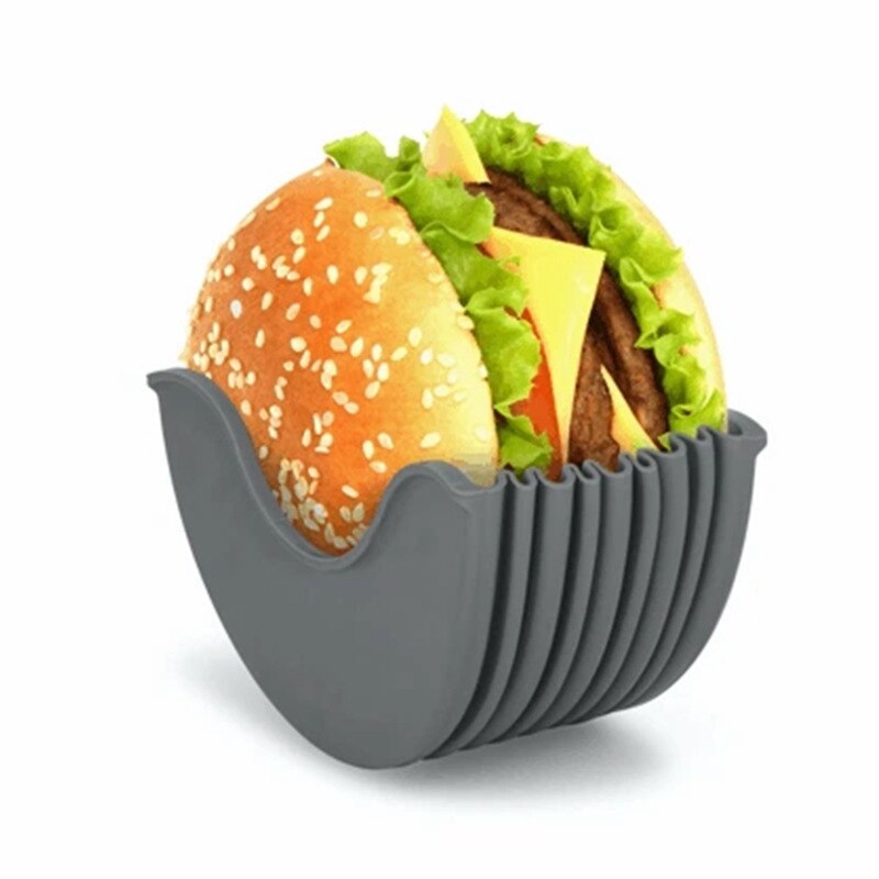 2PC Reusable Burger Holder Burger Buddy Fixed Box, Expandable Adjustable Silicone Burger Holder Hamburger Box: Gray