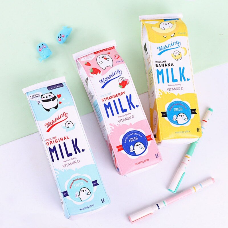 Schattige cartoon melkpak etui ritstas student schoolbenodigdheden opbergtas make-up tas