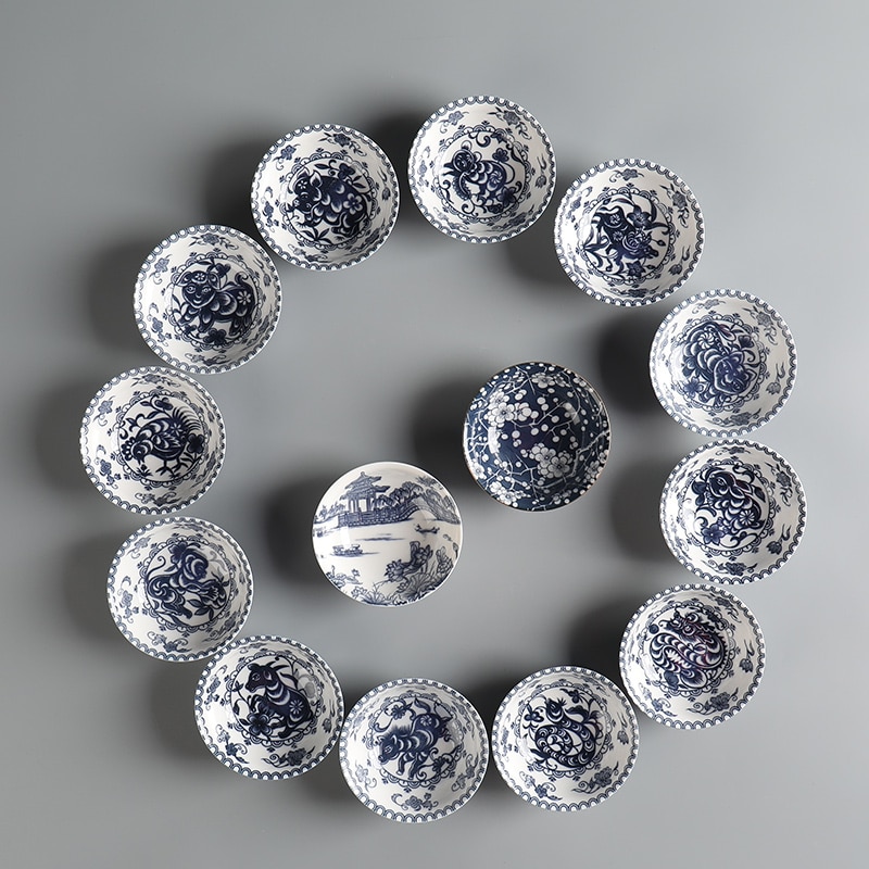 Keramisk kung fu tesæt kinesisk stjernetegn 50ml lille tekop enkelt kop antik blå og hvid porcelænskop personlig master kop