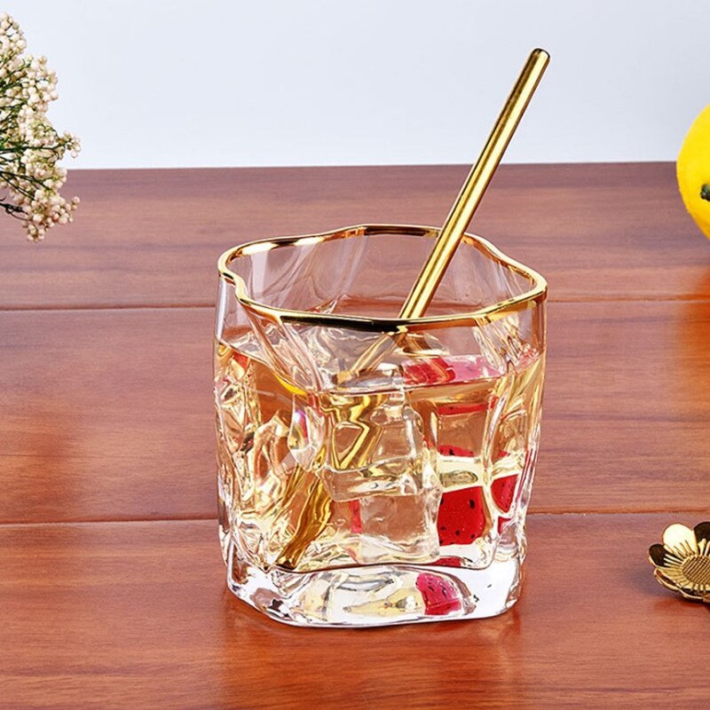 350ml uregelmessige blyfrie glass whiskyglass varmebestandige husholdnings fargerike gullkant glass kopp spritglass vinutstyr