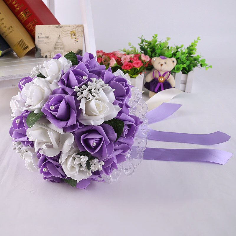 Pink Red White Purple Wedding Bouquet Flowers Bridal Bridesmaid Flower Bouquet Artificial PE Flower Rose Bride Bouquet Flowers: White Purple