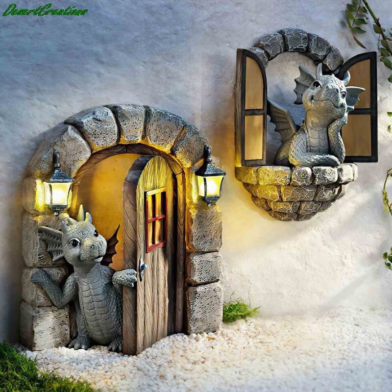 Dragon Statue Solar Garden Decoration Dragon Open The Door Window Figure Sculpture Home Outdoor Garden Decoration